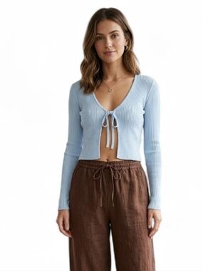Y2K Ice Blue Ribbed Tie-Front Crop Cardigan - Festival SZ S